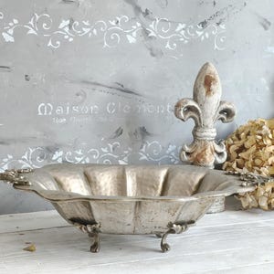 Large Hammered Pewter Footed Bowl, Pewter Tureen Serving Dish, Metal Oval Jardiniere, Ornate Metal Bowl w/ Handles, Metal Centerpiece Bowl
