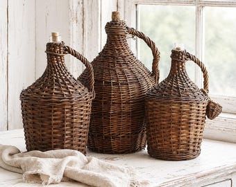 Wicker Wrapped Demijohn Bottle with Cork, French Farmhouse Wine Carrier