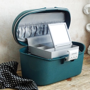 Vintage groene Samsonite-treinkoffer, harde make-uptasje voor make-up