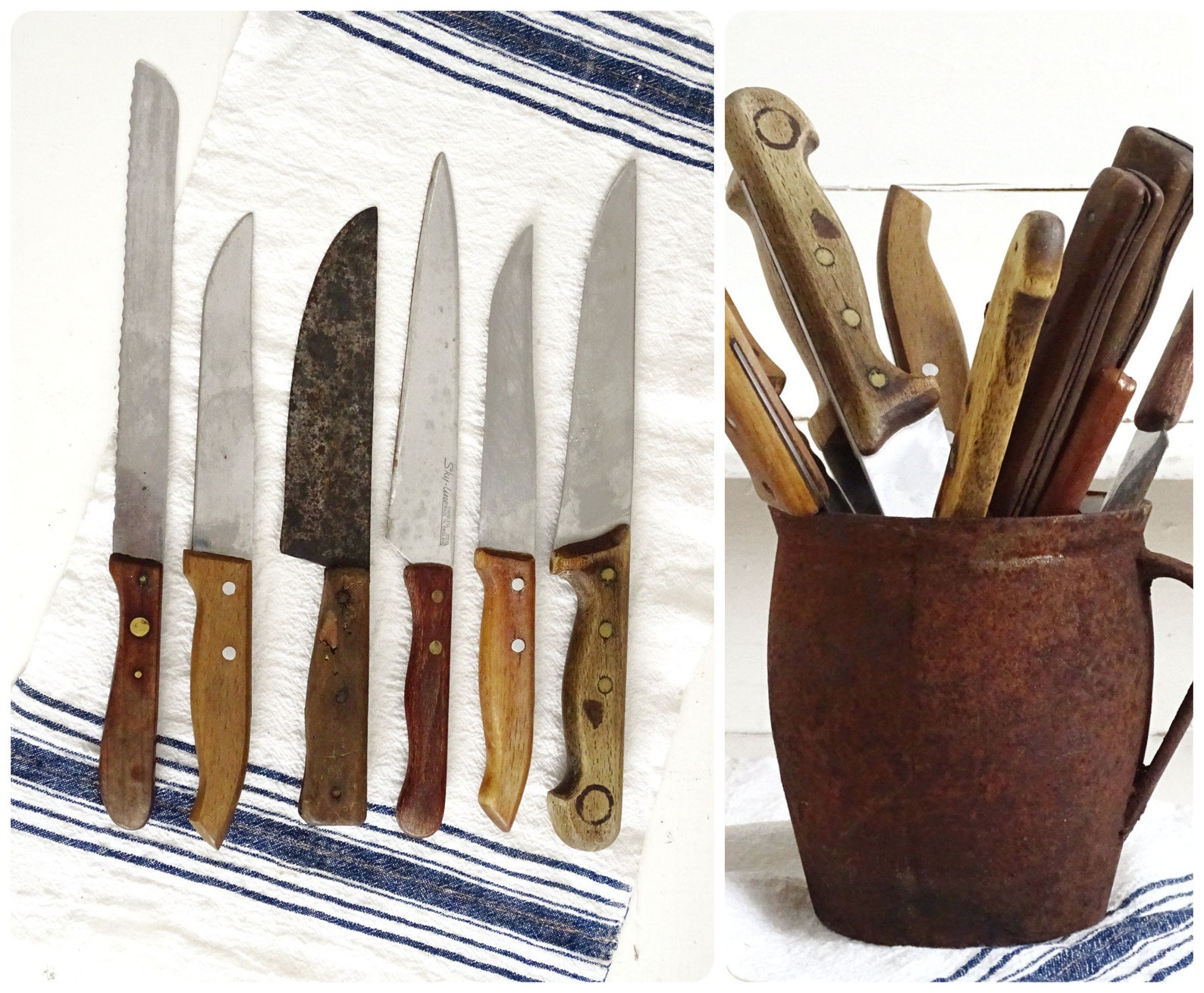 1 Rustic Kitchen Knife Carved Wood Handle Large Butchers Etsy