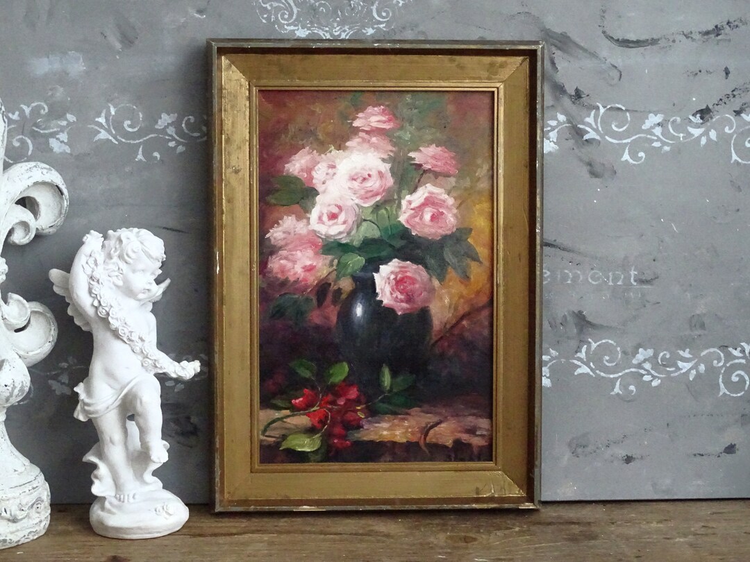 Pink Roses Oil Painting Original Vintage Art, Framed Signed Floral ...