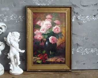 Rosa Rosen Ölgemälde Original Vintage Kunst, gerahmtes signiertes Blumenstillleben Gemälde auf Leinwand, Shabby Chic Gemälde Blumenstrauß Vase