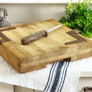 Chunky Butcher Block: Square Wood Bread Board Antique Iron Corner Protectors