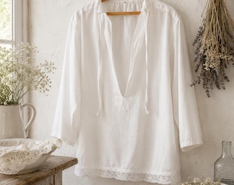 Antique Smock Shirt with Lace Trim, White Cotton Linen Peasant Blouse Garment, Size L