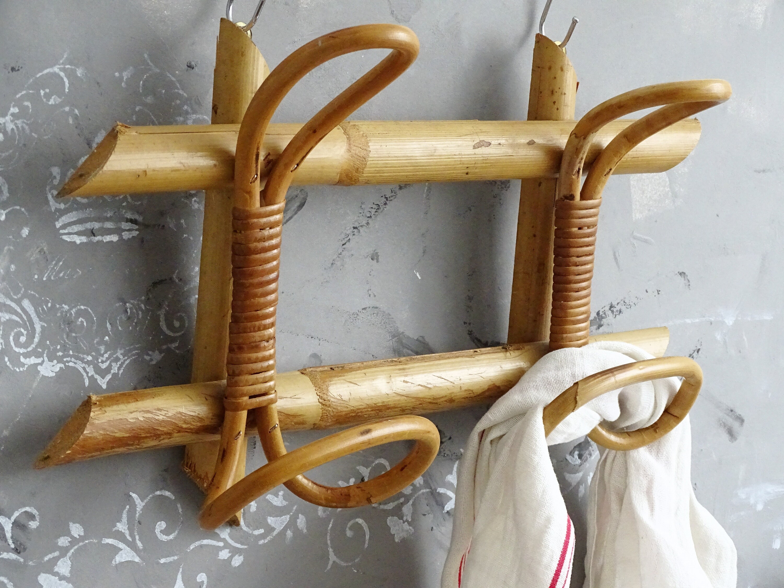 Rattan Wall Coat Rack Pegs Hooks, Bamboo Wood Wall Hat Rack, Wall