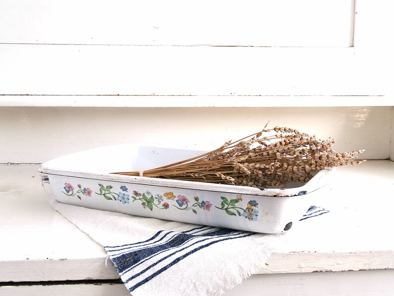White Floral Enamel Baking Tray Enamel Roasting Pan Enamel Etsy
