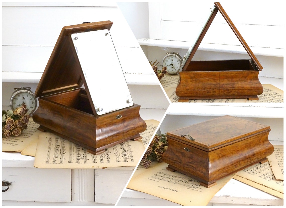 XL Antique Shaving Mirrored Box Art Deco Box w/ Drawer Walnut Etsy