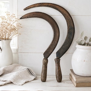 Peut inclure: Deux faucilles anciennes dotées de lames métalliques courbes et patinées par la rouille, accompagnées de manches en bois usé. Les outils sont présentés à la verticale, mettant en évidence leurs formes en croissant et leur texture vieillie.