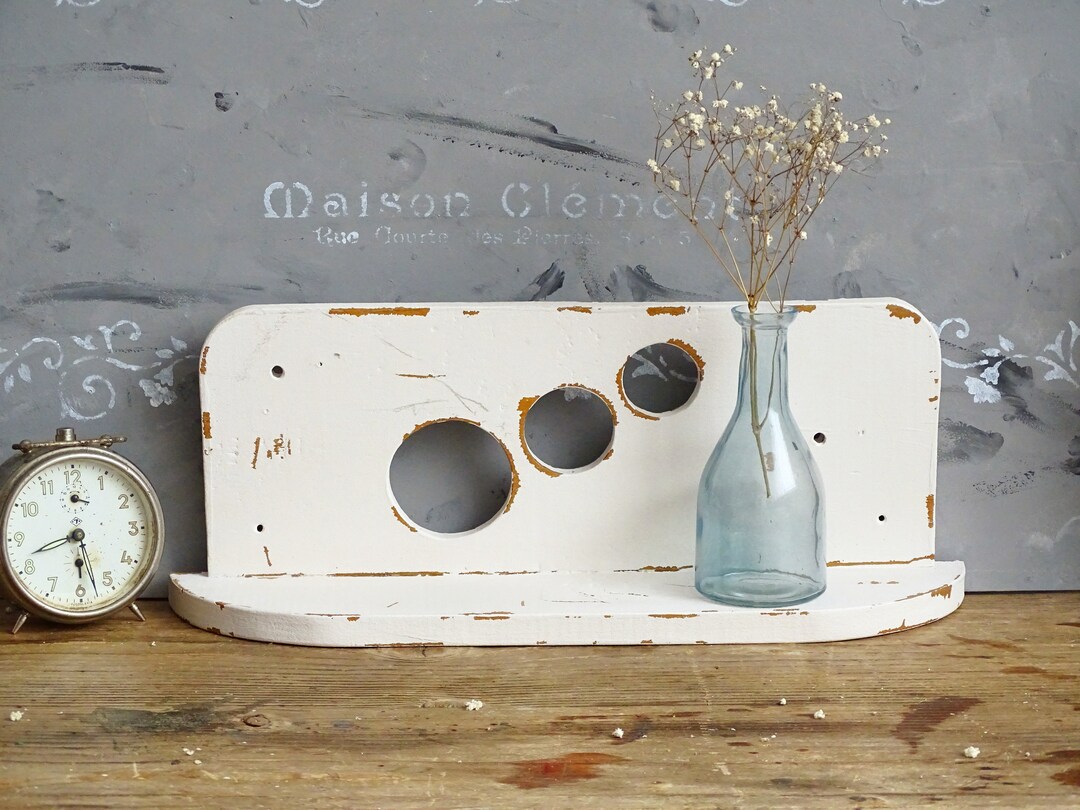 Small White Wood Rounded Shelf 3 Holes, Hand Carved Wood Shelf, Shabby ...