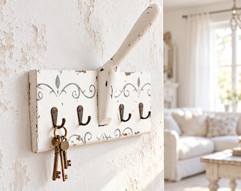Distressed White Wood Wall Hook Rack, Shabby Chic Key Holder, French Country Coat Hook, Handcrafted Wood Decor