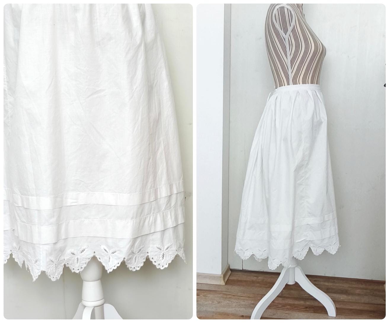 Antique White Linen Skirt: Handmade Victorian Lace Trim, Cottagecore