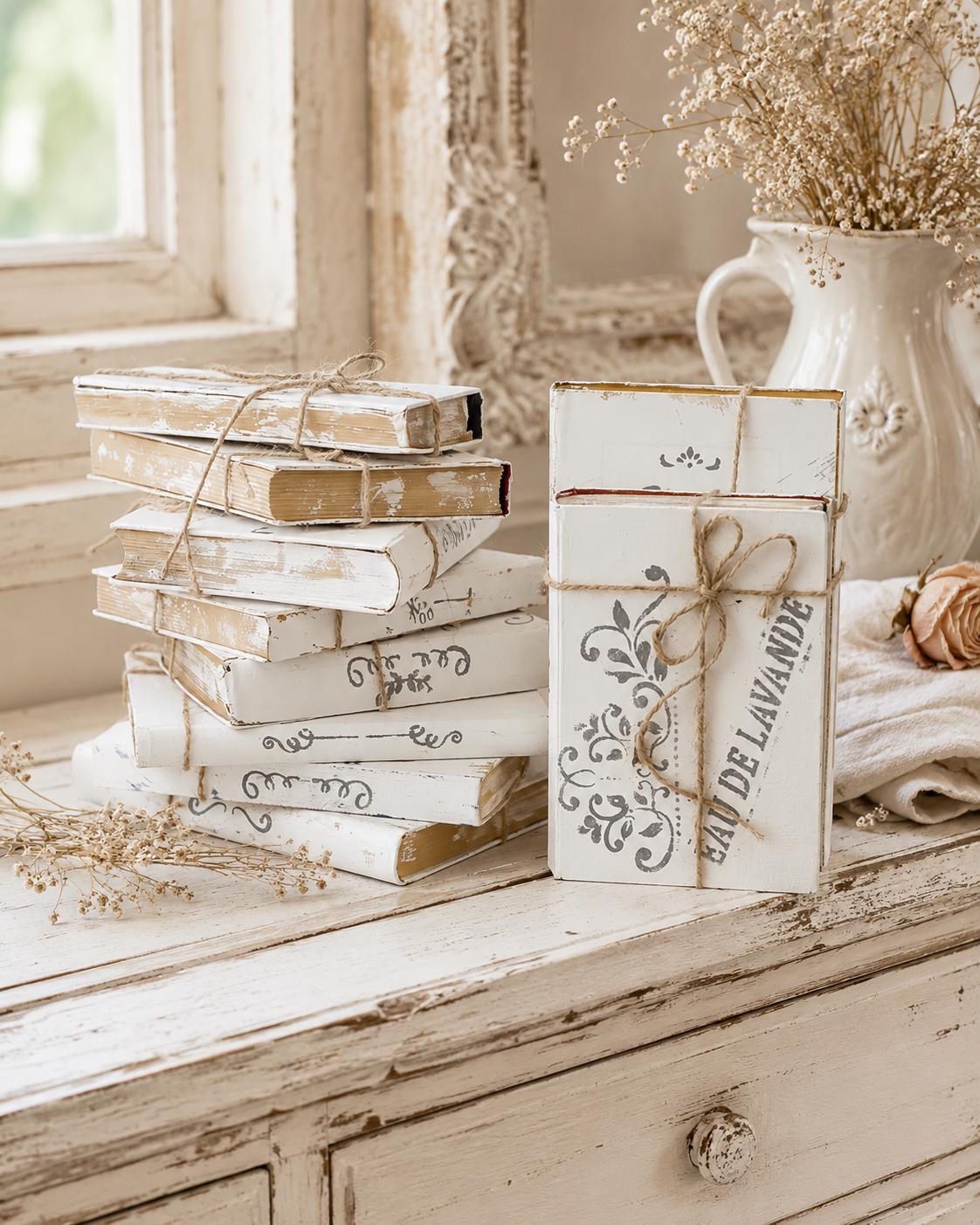 White Staging Book French Design, Decorative Table Stack Book, Shabby Chic Decor