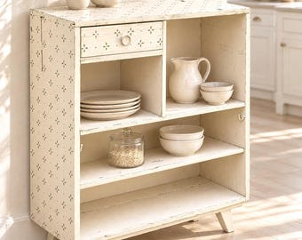 40s Creamy Floral Cabinet Open Shelves, Distressed Wood Sideboard, Buffet, French Country Kitchen Display