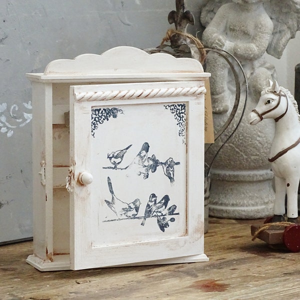 Shabby Chic White Wood Key Box: Wall Hanging Key Cabinet with Bird Motif