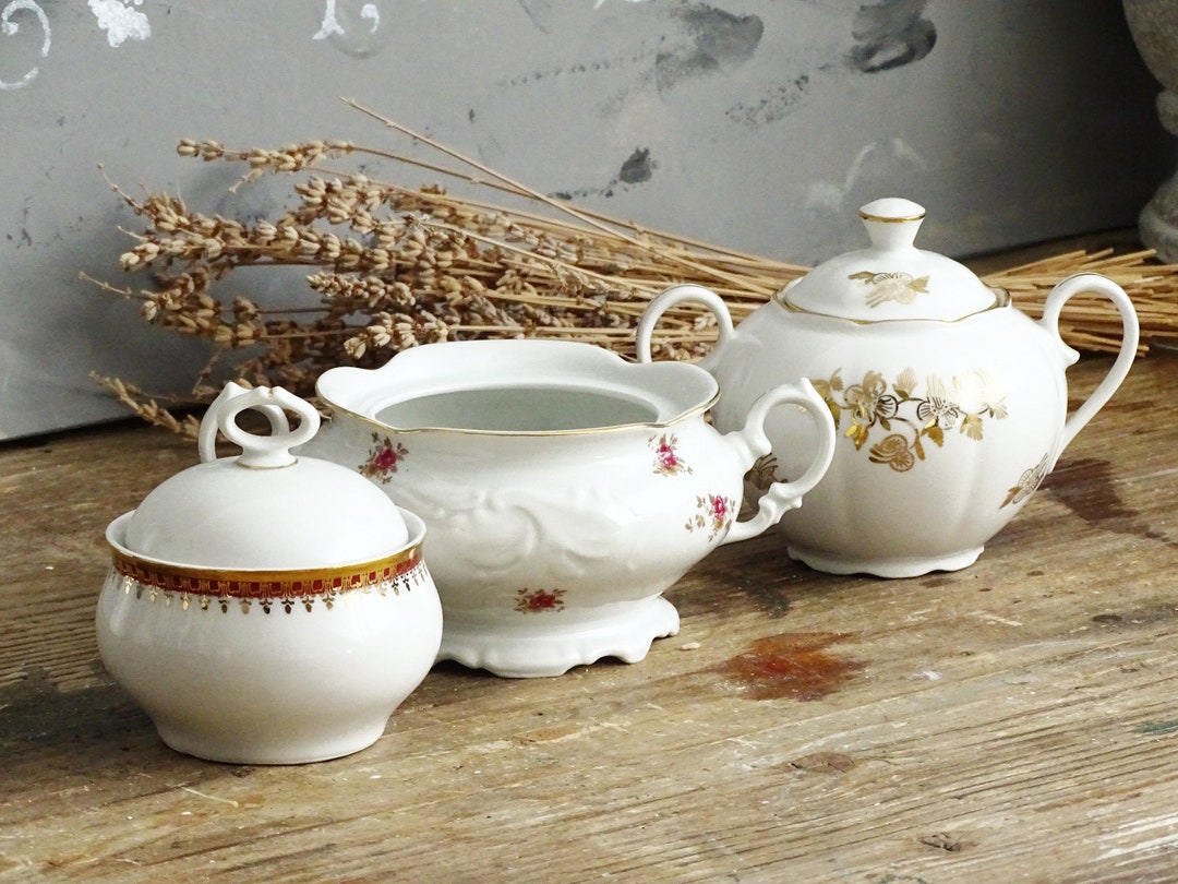 Czech Porcelain Sugar Bowl Lid, White Floral Sugar Serving Bowl, Gold