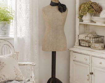 Antique French Mannequin: Tailor Dummy Female Dress Form, Oak Stand