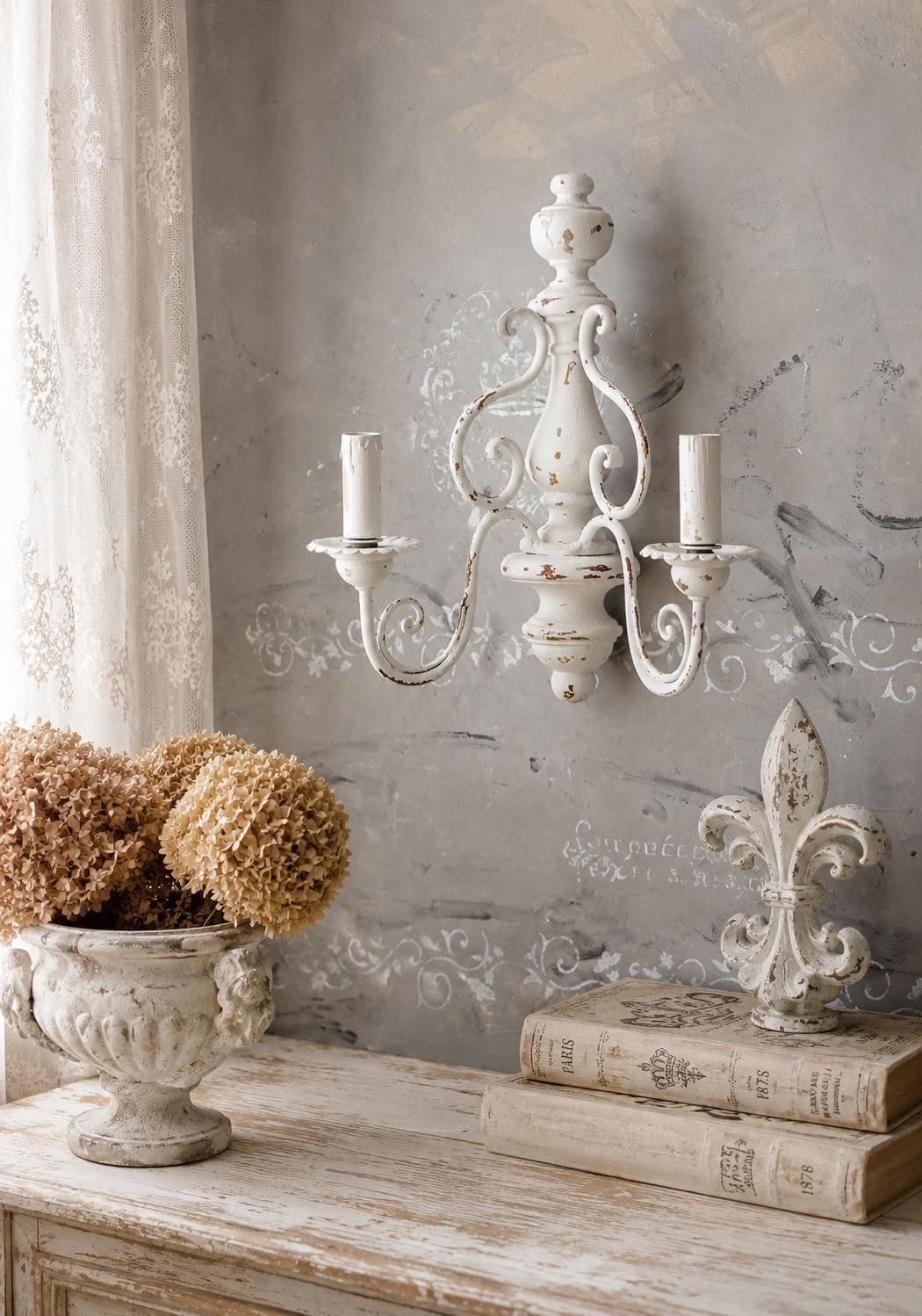 Florentine Carved Wood Wall Sconce, White Distressed Rococo