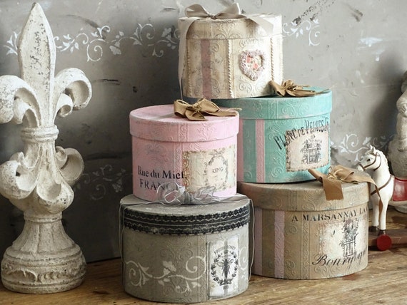 Shabby Chic Aged Hat Box, Romantic Storage Box, Vintage Style Box