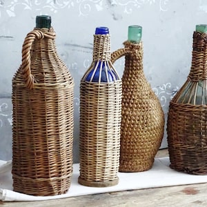 European Wicker Demijohn, Old Woven Basket Wrapp Demijohn, Green Blue Glass Bottle, Carboy, Wine Carrier, Hand Blown Wine Bottle Dame Jeanne