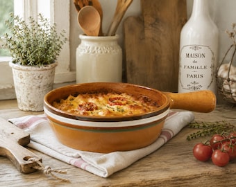 Hand-Painted Terracotta Casserole Dish with Handle, Rustic Farmhouse Pottery Bake Pan