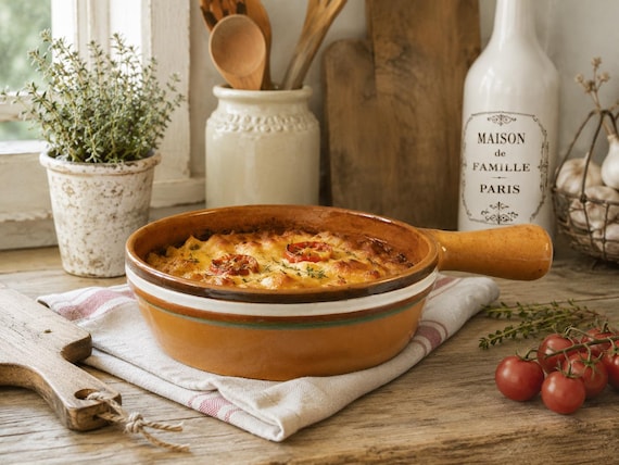 Handbemalte Terrakotta-Auflaufform mit Griff, rustikale Backform aus Keramik im Landhausstil