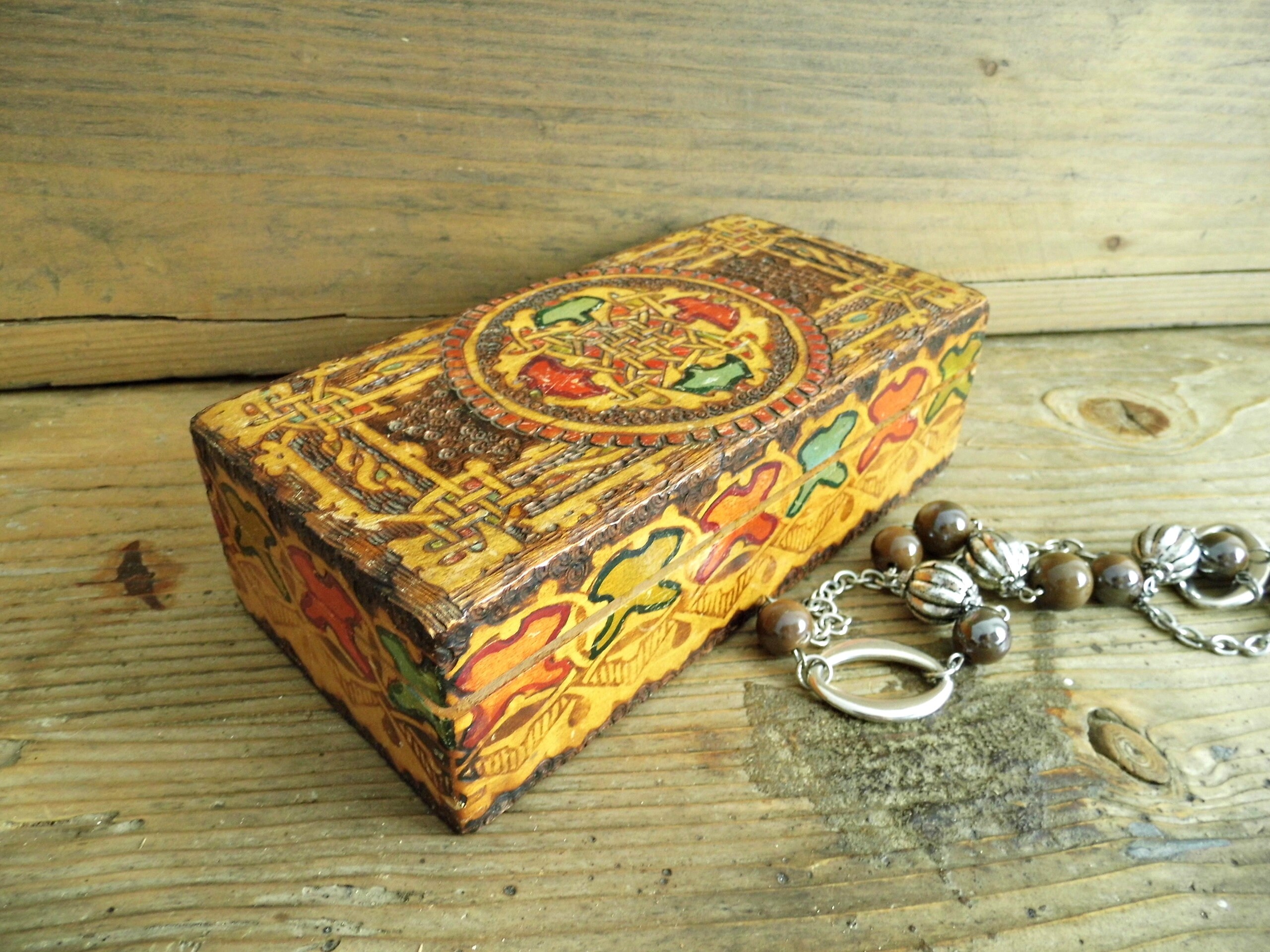 Vintage Jewelry Box LId Colorful Wood Rectangle Carved Small Etsy