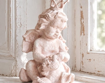 Pink Cherub Figurine with Crown, Ceramic Angel Statue, Shabby Chic Decor