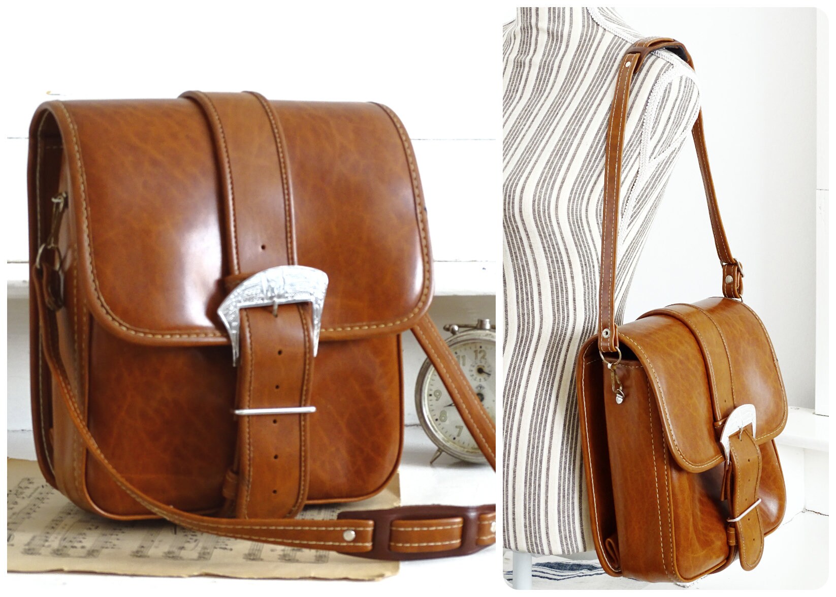 Vintage Vegan Leather Messenger Bag: Chestnut Brown Retro Flap Bag