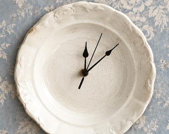 Antique Creamy Porcelain Wall Clock, Tea Stained, French Country Kitchen Decor