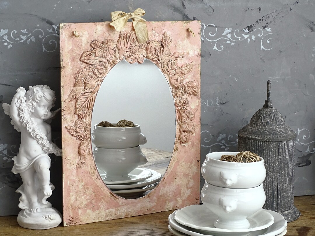 Wood Pink Wall Mirror Flowers Oval Shabby Chic Wall Hanging Etsy