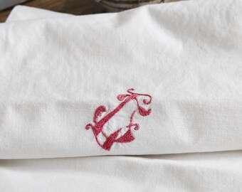 Antique Cotton Bed Sheet: Hand Embroidered Red Monogram, Farmhouse Linen