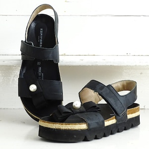 Handmade Black Leather Platform Sandals: Bow & Pearl Detail, US 8.5