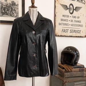 90s Black Genuine Leather Blazer Women, Retro Slim Fit Soft Leather Jacket, Trench, Classic Street Style Coat, Size M