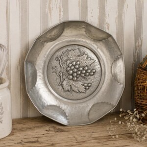 Hand Hammered Pewter Bowl Embossed Grape, Scalloped Italian Metal Serving Dish image 2