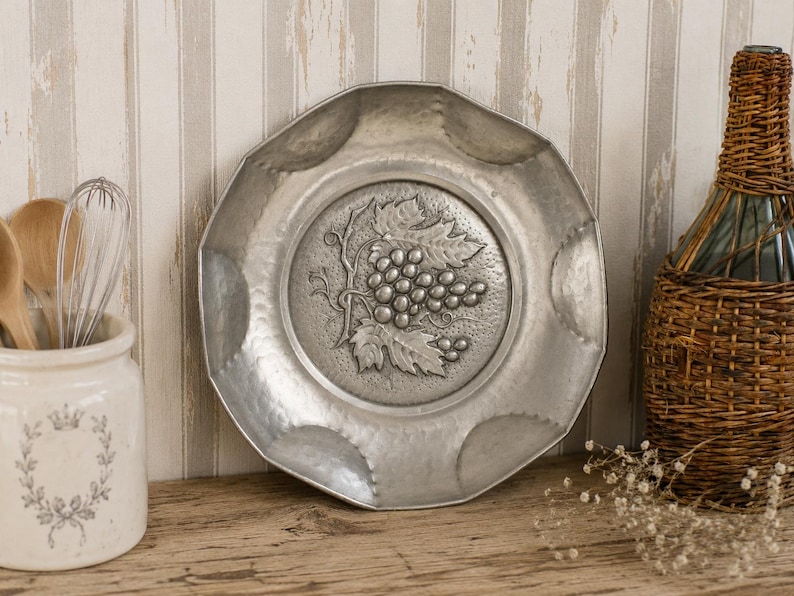 Hand Hammered Pewter Bowl Embossed Grape, Scalloped Italian Metal Serving Dish image 2