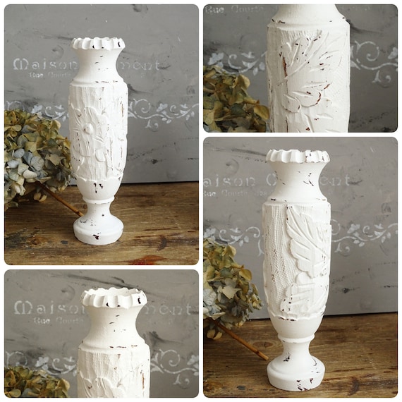 Buy Shabby Chic Wood Vase White Hand Carved, Boho Hand Turned Vase,  Pedestal Dried Flower Vase, Mid Century Folk Art Vase, Retro Wood Carvings  Online in India 