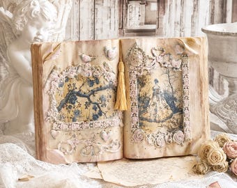 Vintage Open Book Woman in Blue with Tassel, Altered Book, Shabby Chic French Decor, Romance Art
