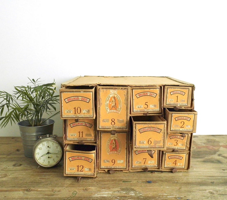 Antique German Advertising Box Cardboard Chest Sliding Drawers Image 0