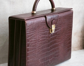 Maroon Embossed Leather Briefcase, Laptop Bag, Portfolio Messenger