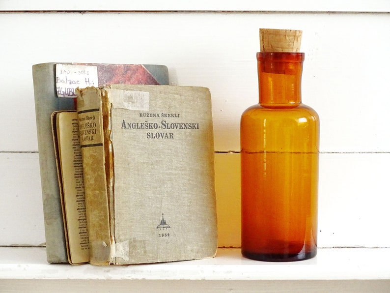 Large Brown Glass Medicine Bottle Cork Stopper Apothecary Etsy