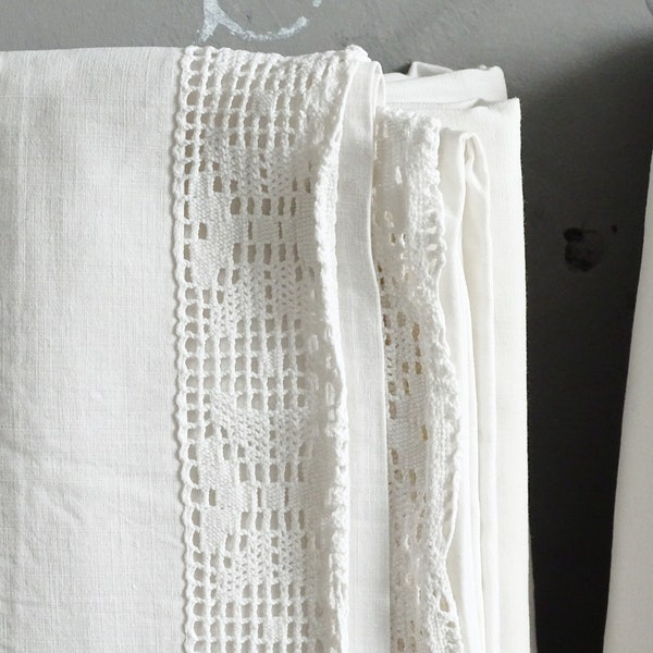 Hand Crochet Flat Sheet, Crochet Lace Trim Border, White Natural Cotton Metis Bed Linen, Country Farmhouse Bed Linen, Rustic Bedroom Decor