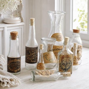 Puede incluir: Una colecci&oacute;n de botellas y garrafas de vidrio transparente de diversas formas y tama&ntilde;os, cada una con un tap&oacute;n de corcho. Varios recipientes cuentan con etiquetas de papel con texto impreso y gr&aacute;ficos decorativos en negro y bronceado.