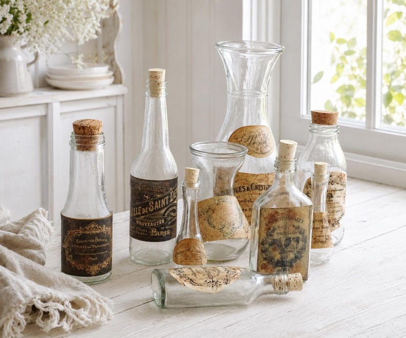 Puede incluir: Una colecci&oacute;n de botellas y garrafas de vidrio transparente de diversas formas y tama&ntilde;os, cada una con un tap&oacute;n de corcho. Varios recipientes cuentan con etiquetas de papel con texto impreso y gr&aacute;ficos decorativos en negro y bronceado.