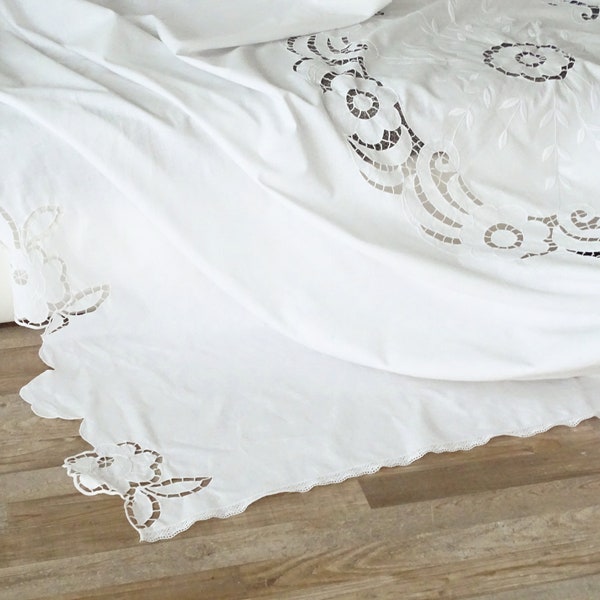 Couvre-lit en dentelle Richelieu, jeté de lit ancien, housse, literie ancienne, dentelle florale en coton blanc, couvre-lit brodé à la main