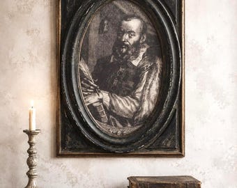 Framed Print Medieval Writer Portrait, Distressed Black Gothic Picture, Dark Academia Wall Art
