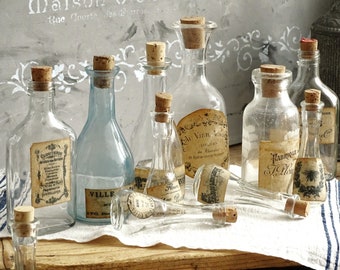 Pequeños frascos de botella de medicina de boticario etiqueta francesa, botella de vidrio transparente, frasco médico de laboratorio vintage, tapón de corcho de botella de químico de farmacia