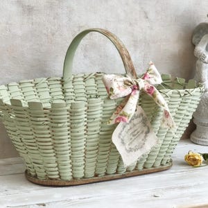 Green Rustic Wicker Harvest Basket: Farmhouse Garden Trug, Handmade
