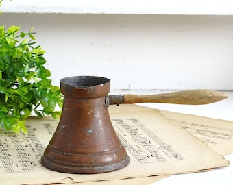 Antique Copper Turkish Coffee Pot Wooden Handle Hand Hammered Copper Arabica Small Coffee Pot Cezve Butter Warmer Rustic Farmhouse Kitchen