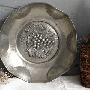 Ornate Pewter Bowl Embossed Grapes Design, Hand Hammered Pewter Bowl, Pewter Tray, Round Metal Bowl, Pewter Serving Dish, Table Centerpiece