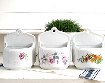 Floral Ceramic Salt Box Cellar Wall Hanging Salt Storage White Ironstone Salt Keeper Salt Container Kitchen Salt Canister Farmhouse Country